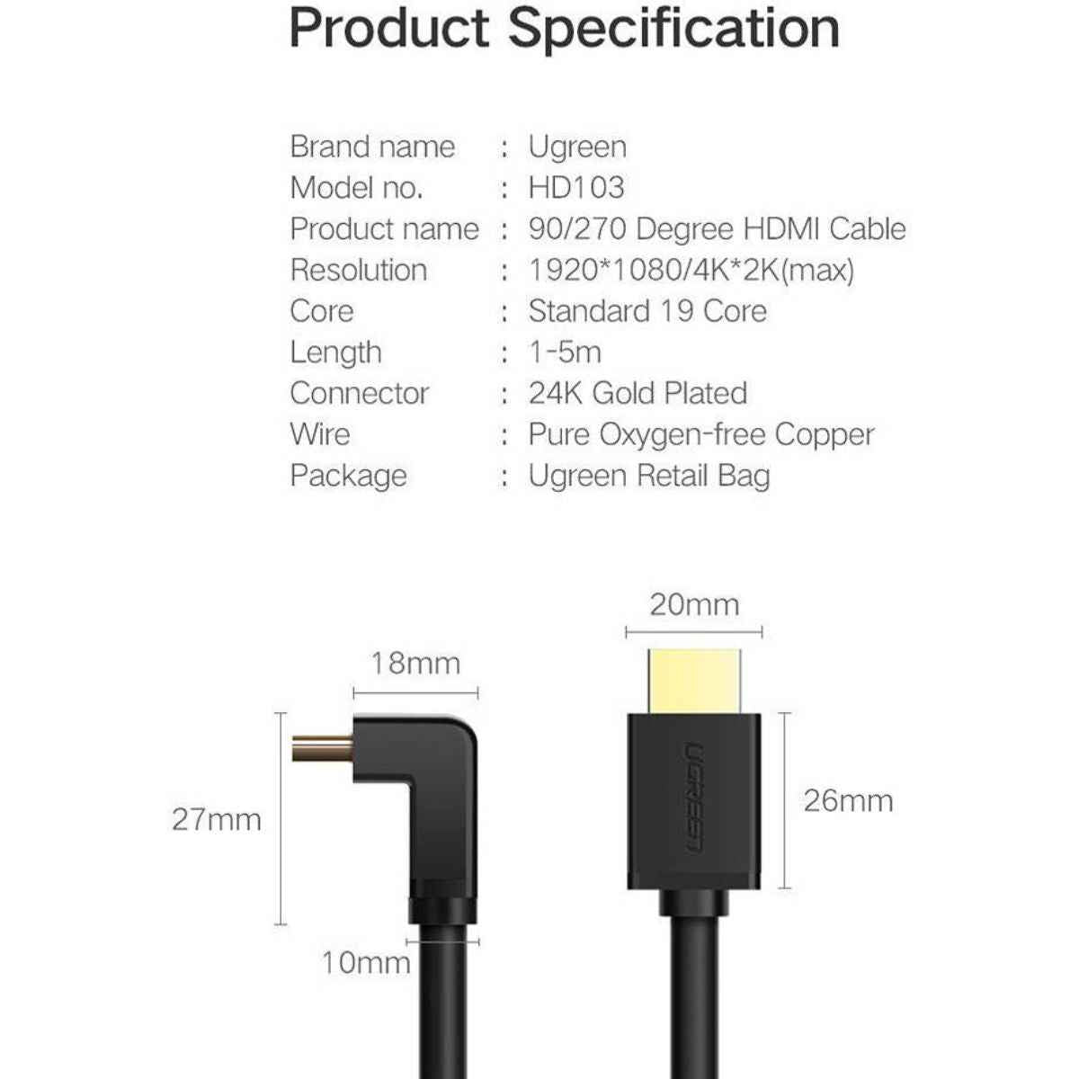 UGREEN  HD103 HDMI Cable V2.0 Right Angle 90° – High-Speed HDMI Cable (Black)