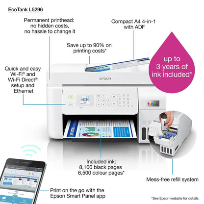 Epson Ecotank L5296 Office Ink Tank Printer, Print, Scan, Copy, Fax, 180 Nozzles Black & 59 Nozzles per Color, Up to 5760 x 1440 DPI Resolution, Epson Micro Piezo Print Head, Whtie | C11CJ65411