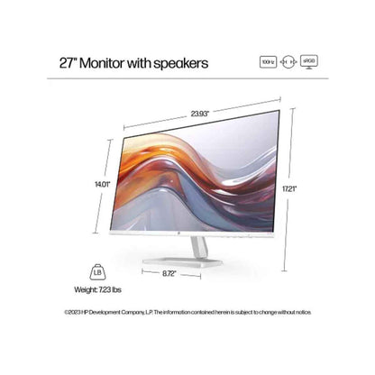 HP Series 5 Monitor, 27" FHD IPS Display, 100Hz Refresh Rate, 5ms (GtG W/ Overdrive) Response Time, 2x 2W Speaker, Tilt Adjustable, 3-Sided Micro-Edge Bezel, White/Silver
