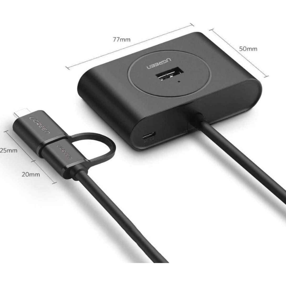 UGREEN 40850 USB 3.0 Hub with USB-C Port – 1m Cable, LED Indicator, Multi-OS Compatible (Black)