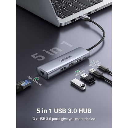 UGREEN 60812 5-in-1 USB 3.0 Hub | 3x USB-A 3.0 + Micro USB + Gigabit Ethernet | 5Gbps | 20cm Cable | Gray