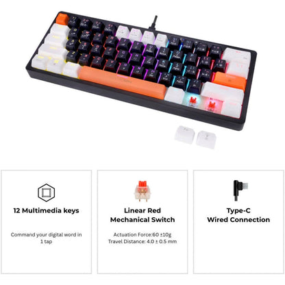 GAMEON GOMK60-RS AEROX 60% Mechanical Gaming Keyboard | 61 Keys | Red Switch | English & Arabic | RGB | 22-Key Anti-Ghosting | USB-C | GOMK60-RS