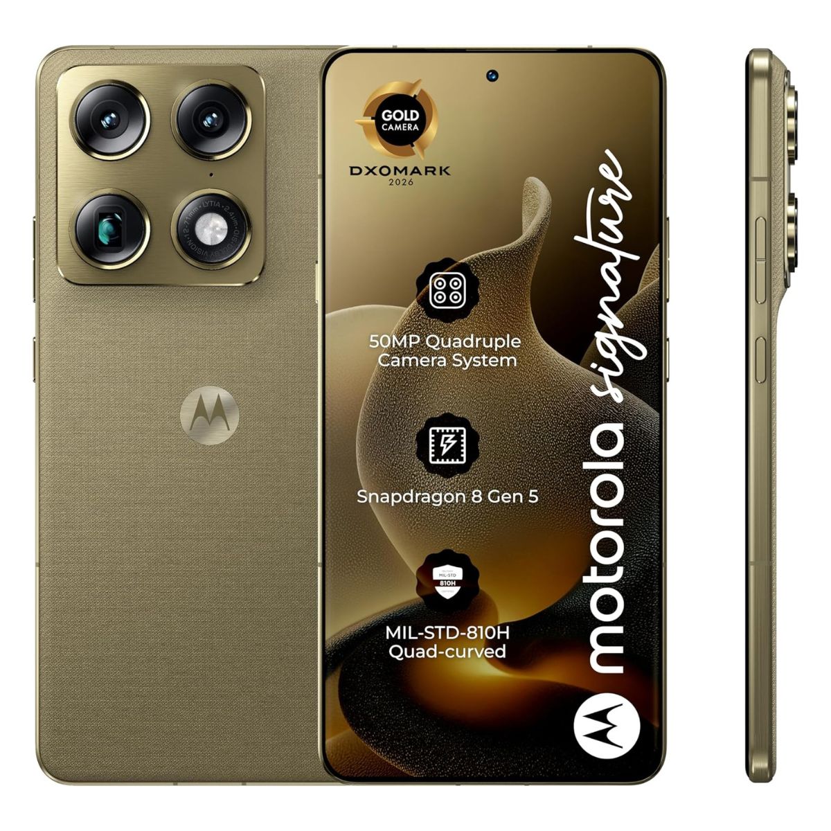 Motorola Signature 5G Smartphone, 16GB RAM + 16GB RAM Boost, 512GB Storage, OIS AI Camera, Extreme AMOLED 165Hz Display, Android 15, PANTONE Martini Olive, Complimentary Item Included
