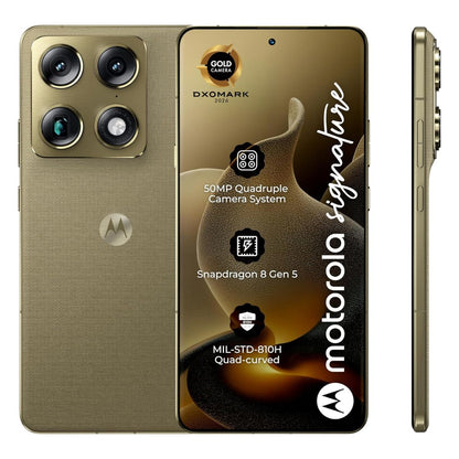 Motorola Signature 5G Smartphone, 16GB RAM + 16GB RAM Boost, 512GB Storage, OIS AI Camera, Extreme AMOLED 165Hz Display, Android 15, PANTONE Martini Olive, Complimentary Item Included
