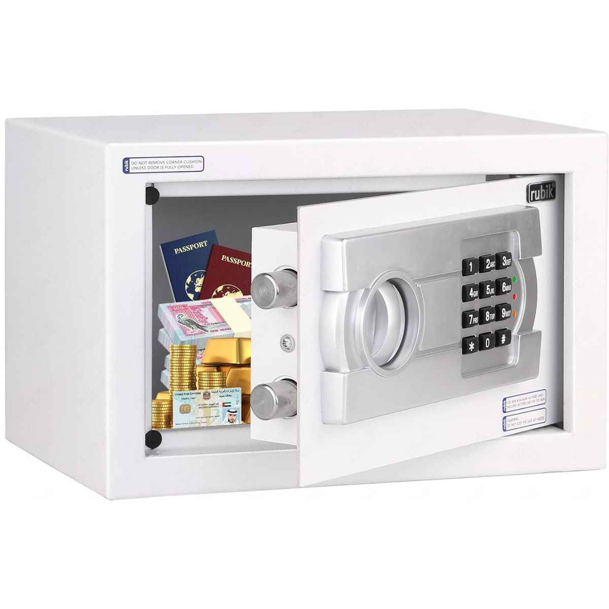 Rubik Small Safe Box with Digital Keypad & Key Lock – 20x31x20cm, Black, White