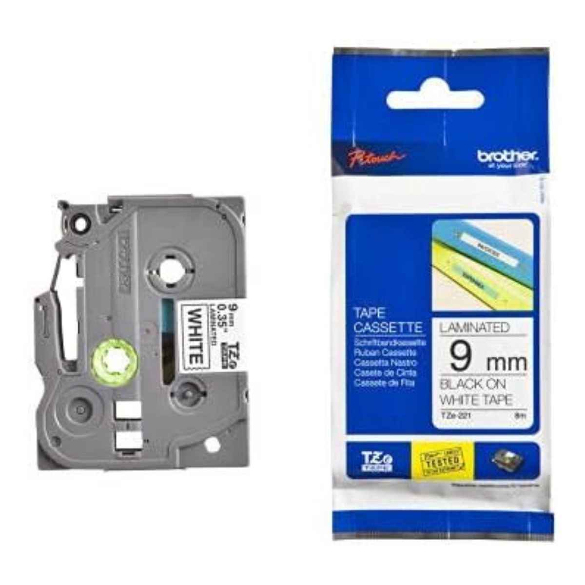 Brother TZe-221 Laminated Tape for P-Touch Labelers, 8m x 9mm, Black on White