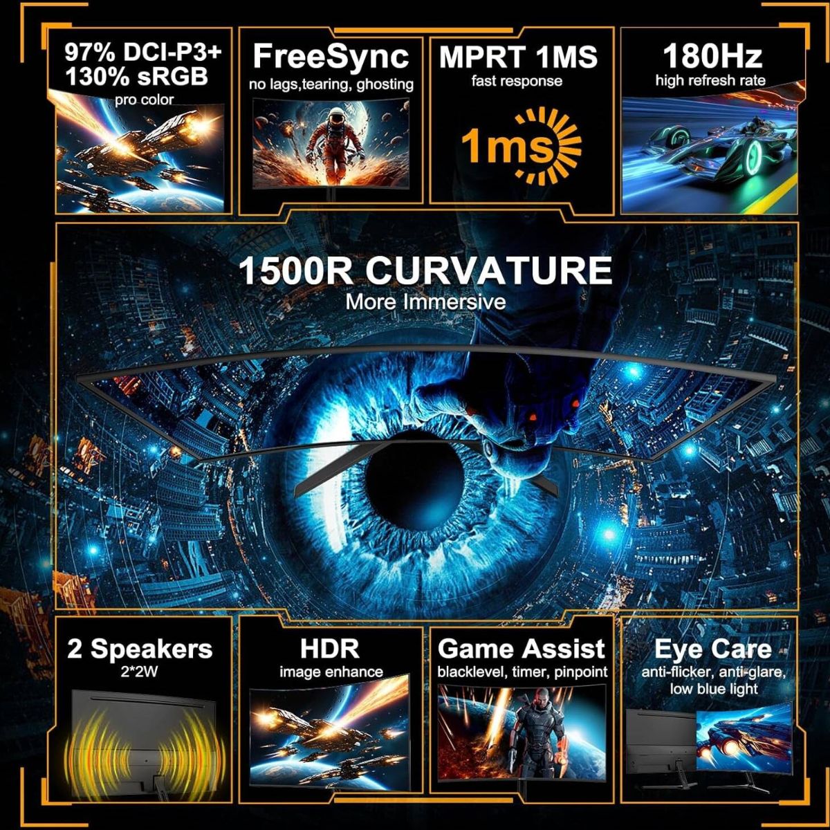 Sansui ES-G24C1 24" Curved Gaming Monitor – 180Hz, 1ms (MPRT), FHD, Fast VA, FreeSync, HDR (Black)