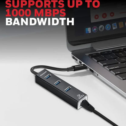 Honeywell 4-in-1 Type C 3.1 to USB 3.0 with RJ45 Gigabit Ethernet Adapter, 5GBPS, 3x3.0 USB Ports, Universally Compatible with Type C MacBooks, laptops, PCs, Tablets | HC000006/ADP/BLK