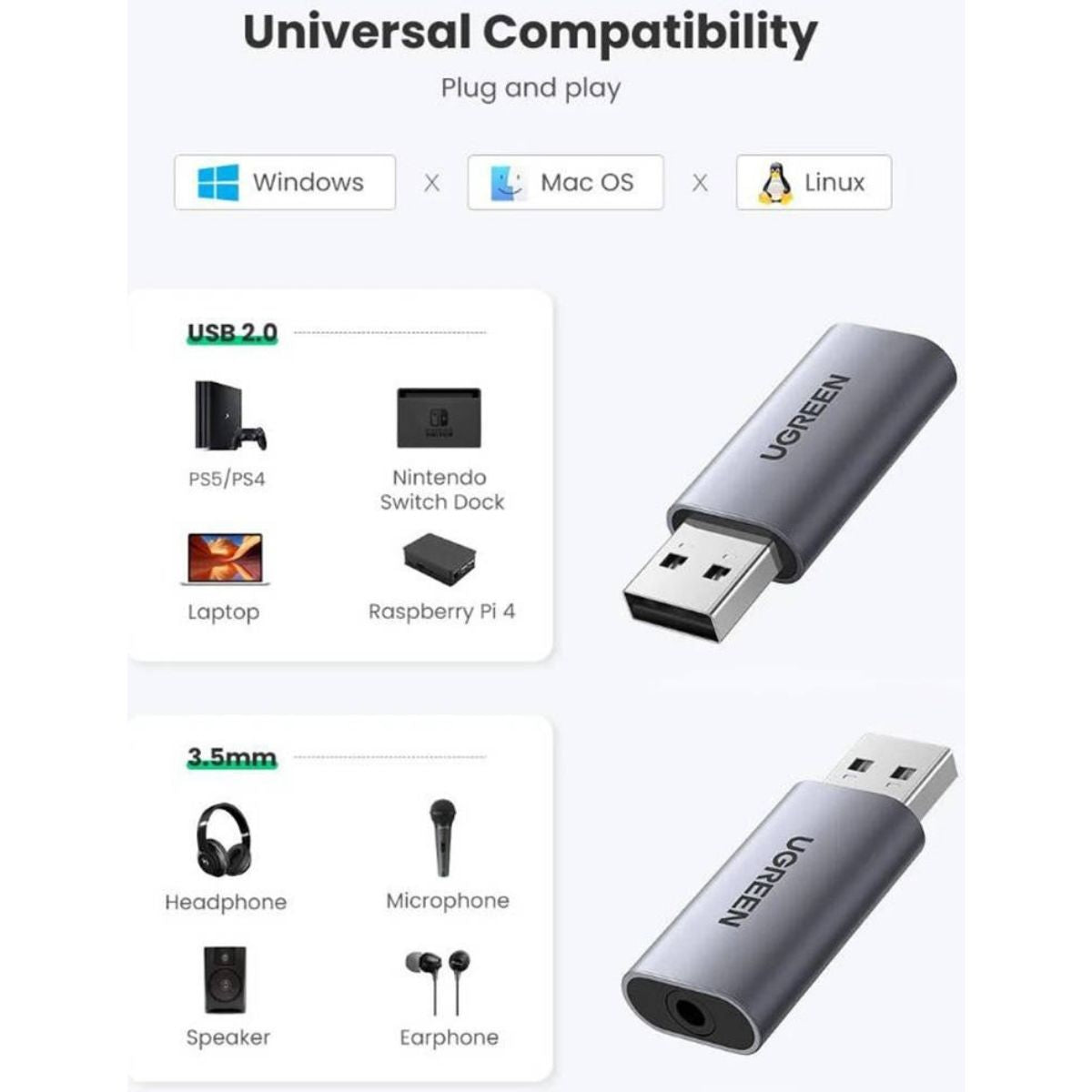 UGREEN USB to Audio Jack USB External Stereo Sound Adapter | Smart Chip | Headphones & PC | 80864