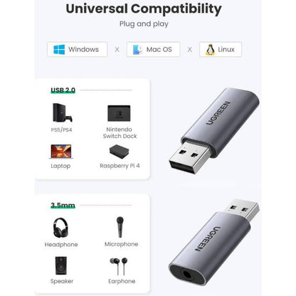 UGREEN USB to Audio Jack USB External Stereo Sound Adapter | Smart Chip | Headphones & PC | 80864