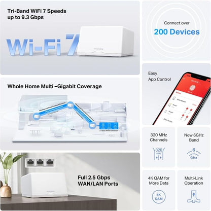 MERCUSYS Halo H47BE (2-Pack) Wi-Fi 7 Mesh System | BE9300 Tri-Band | 9.3Gbps Wireless Speed | 3× 2.5G Ports per Unit | MLO | WPA3 | Whole-Home Mesh Router