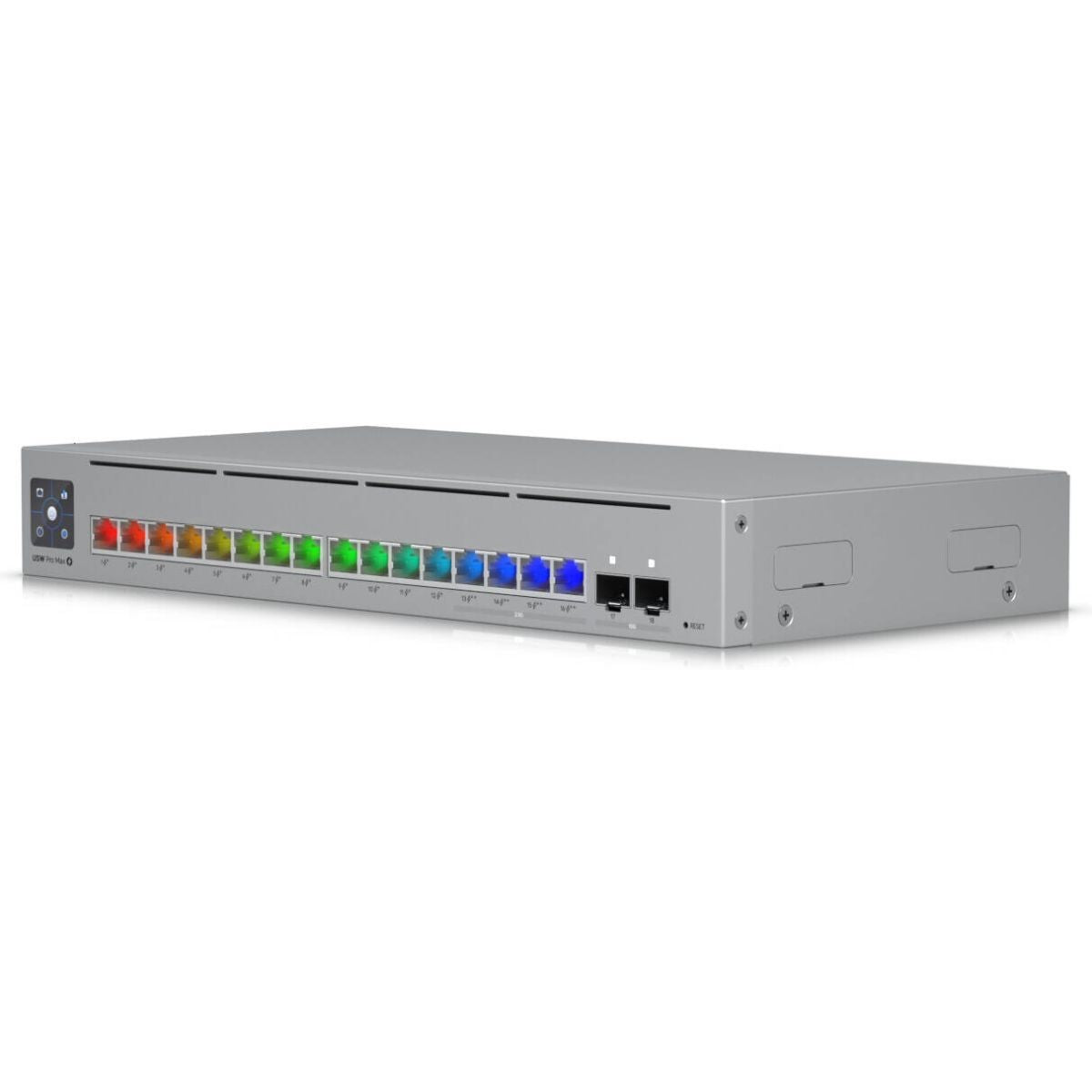 Ubiquiti Switch Pro Max 16 PoE Switch, 84 Gbps Switching Capacity, 64.496 Mpps Forwarding Rate, 1.3" Touch Display, 180W Total PoE Available, Ethernet In-Band, Gray | USW-Pro-Max-16-PoE (180W)