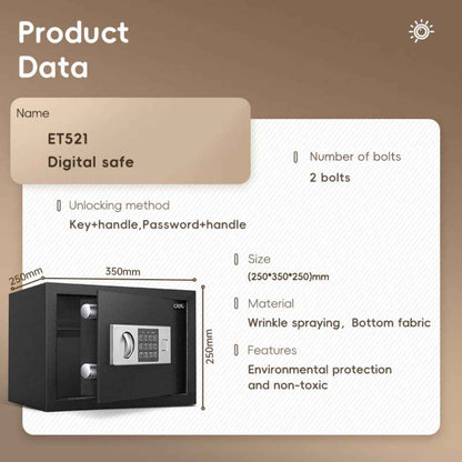 Deli T522 Fireproof Safe, Digital Safe Box with Key T521 Full Metal Body 5.9kg (25x35x25cm) Black