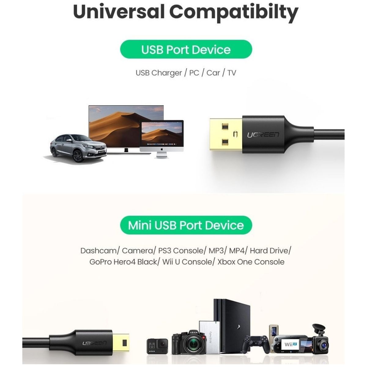 UGREEN 30472 USB 2.0 Type-A Male to Mini 5-Pin Male Cable | 2m | Gold-Plated Connectors | Black