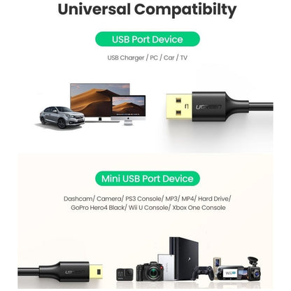 UGREEN 30472 USB 2.0 Type-A Male to Mini 5-Pin Male Cable | 2m | Gold-Plated Connectors | Black