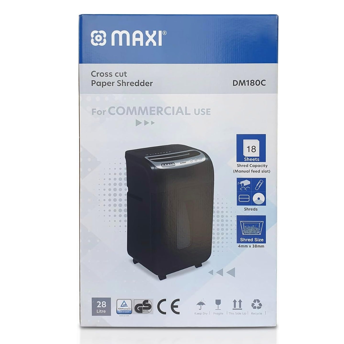 Maxi Cross Cut Shredder MX-DM180C – High Security Cross-Cut, 18-Sheet Capacity, 4×35mm Shred Size, 28L Bin, P-4 Security Level, Black