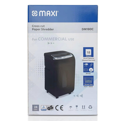 Maxi Cross Cut Shredder MX-DM180C – High Security Cross-Cut, 18-Sheet Capacity, 4×35mm Shred Size, 28L Bin, P-4 Security Level, Black