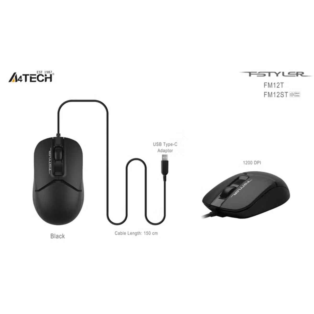 A4Tech Fstyler Silent Wired Mouse FM12ST – 1200 DPI, Silent Clicks, USB-C &amp; USB-A Support, Black
