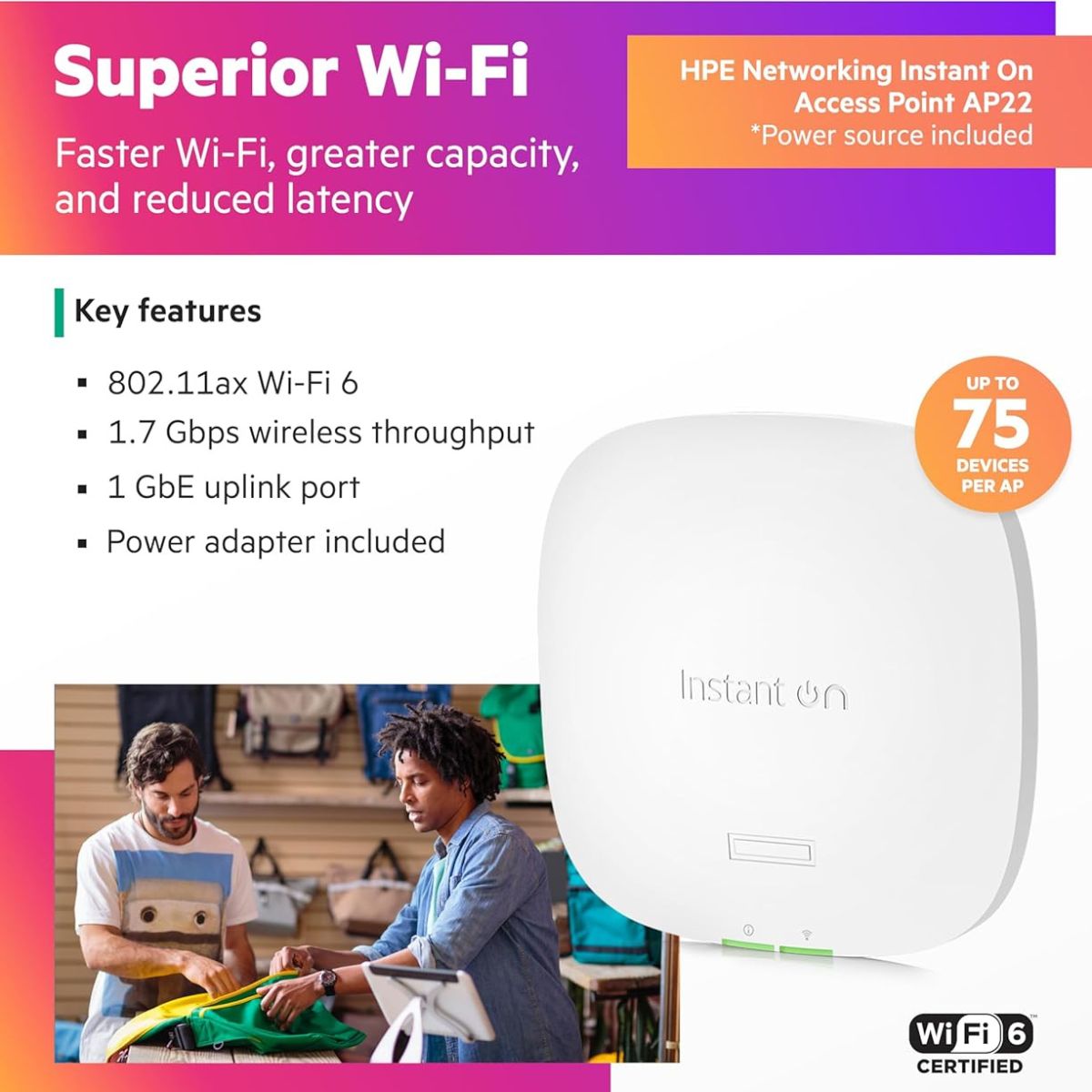 HPE Networking Instant On AP22 Indoor Access Point – 2x2 Wi-Fi 6, Dual-Band, Business-Grade Wireless Access Point (RW)