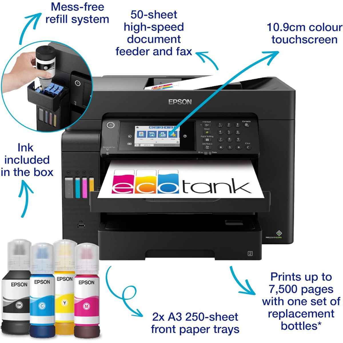 Epson EcoTank L15150 A3 Wi-Fi Duplex AIO Ink Tank Printer, 25 ipm Print Speed, 2400x1200 DPI Scan Resolution, 50 Pages ADF, 250 Sheets Tray Capacity, USB, ETH, WiFi/Wi-Fi Direct, Black | C11CH72403DA
