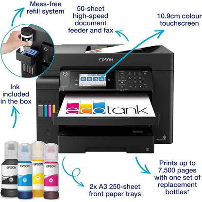Epson EcoTank L15150 A3 Wi-Fi Duplex AIO Ink Tank Printer, 25 ipm Print Speed, 2400x1200 DPI Scan Resolution, 50 Pages ADF, 250 Sheets Tray Capacity, USB, ETH, WiFi/Wi-Fi Direct, Black | C11CH72403DA