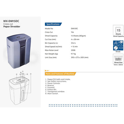 Maxi Cross Cut Shredder 150C 15 Sheets, Cross cut to shred paper, pins, cards, cds, staples