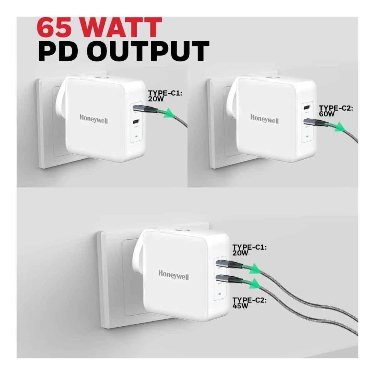 Honeywell Zest Charger GaN 65W, 2xType C PD 3.0 Ports,Equipped with Switchable Plugs,Ultra-Fast Charging Compatible with iPhone,MacBook Air,iPad Pro,Pixel,Galaxy,Laptops