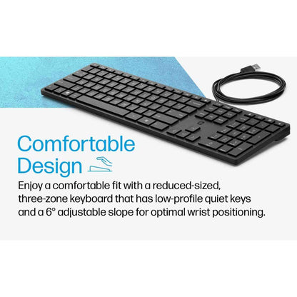 HP Wired Desktop 320K Keyboard, Low Profile Design, Quiet Keys, USB-A Connectivity, Adjustable Slope, English Layout, Black | L96909-L31