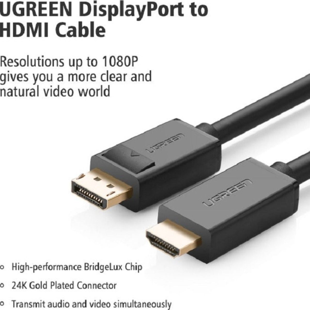 UGREEN 10239 4K UHD DisplayPort to HDMI Cable | 4K 3D Vision | Audio & Video Sync | 1.5m | Black