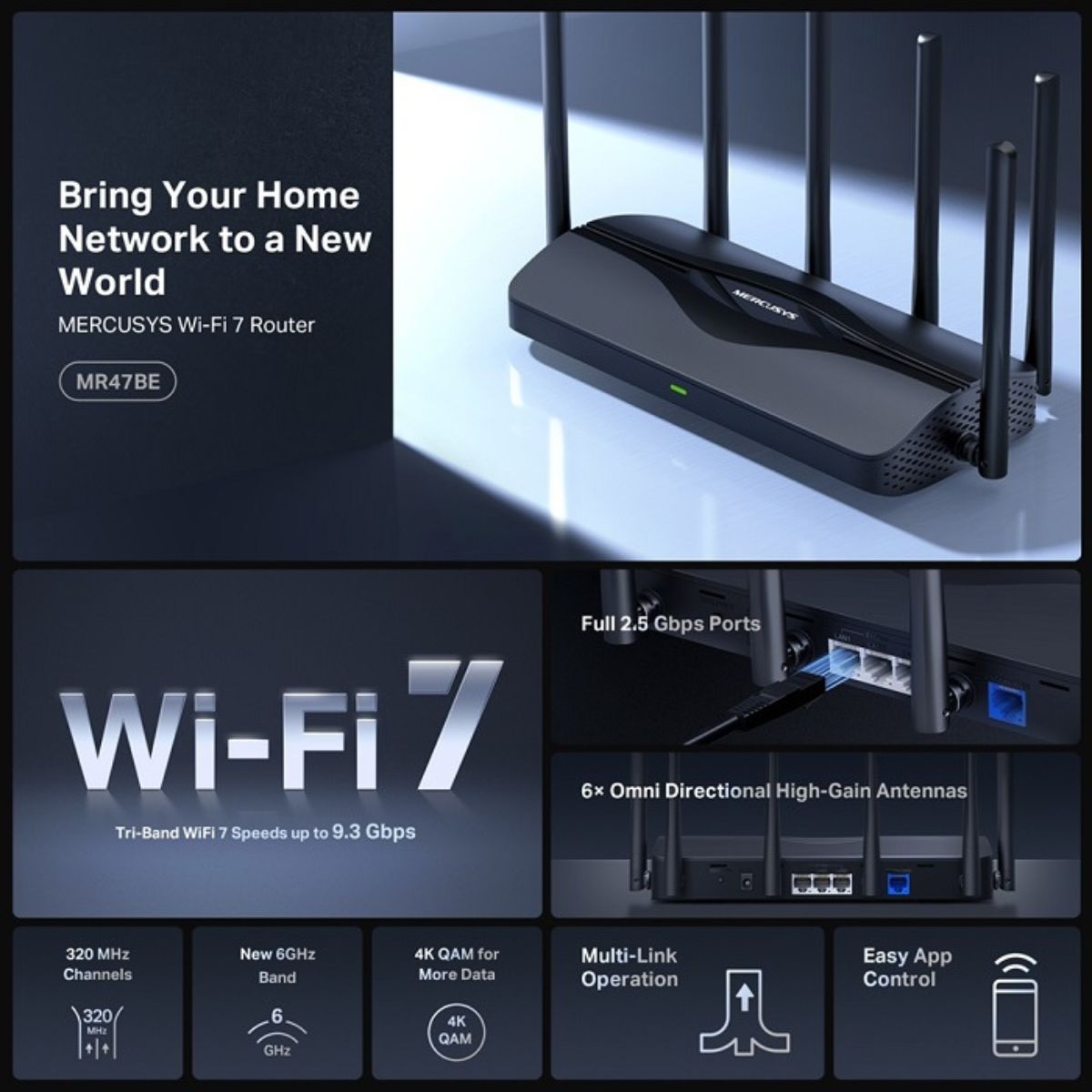 MERCUSYS MR47BE BE9300 Tri-Band Wi-Fi 7 Router | 9.3 Gbps Wireless Speed | 6 GHz Band | 4× 2.5 Gbps Ports | MLO | WPA3 Security