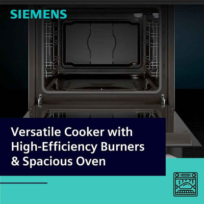 Siemens iQ300 Free-Standing Gas Cooker HG2L10B51M, 2 Standard, 1 Economy, 1 Rapid Burners, Glass Cover Lid, Knob Control Interface, Stainless Steel