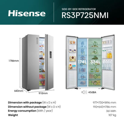 Hisense RS3P725NMI Side By Side Refrigerator | Gross 725L | Total No Frost | Inverter Compressor | Water Dispenser | Inox