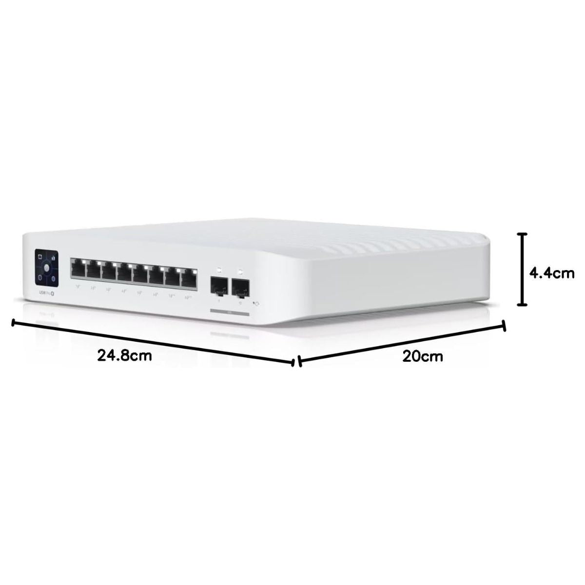 Ubiquiti Networks Pro 8 PoE Switch, 1.3" Touchscreen, AR Switch Management, 8-port, Layer 3 Switch with PoE+ &amp; PoE++ Output, 120 W PoE Availability, Wall-Mountable Kit, White | USW-PRO-8-POE