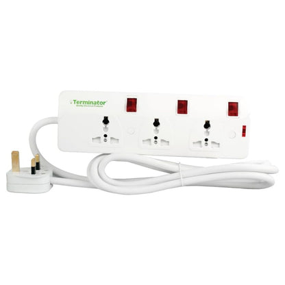 Terminator TPB 823-2M 3-Way Universal Power Extension Socket | Individual Switches & Indicators | 2-Meter Cable