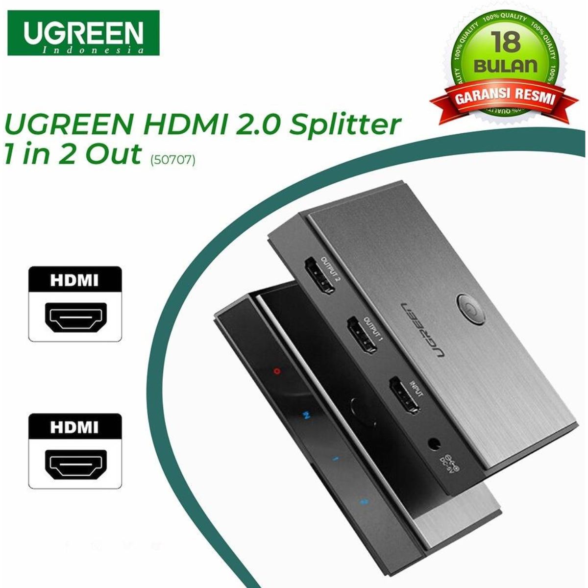 UGREEN 50707 HDMI Splitter | 1 Input 2 Output | 4K @ 60Hz | 3D | HDCP 2.2 | EDID | Black