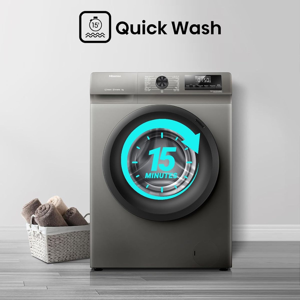 Hisense WFQP7012T Front Load Slim Washing Machine, 7kg Capacity, Inverter Motor, 1200 RPM Spin Speed, Steam Care, Quick Wash, Titanium Grey