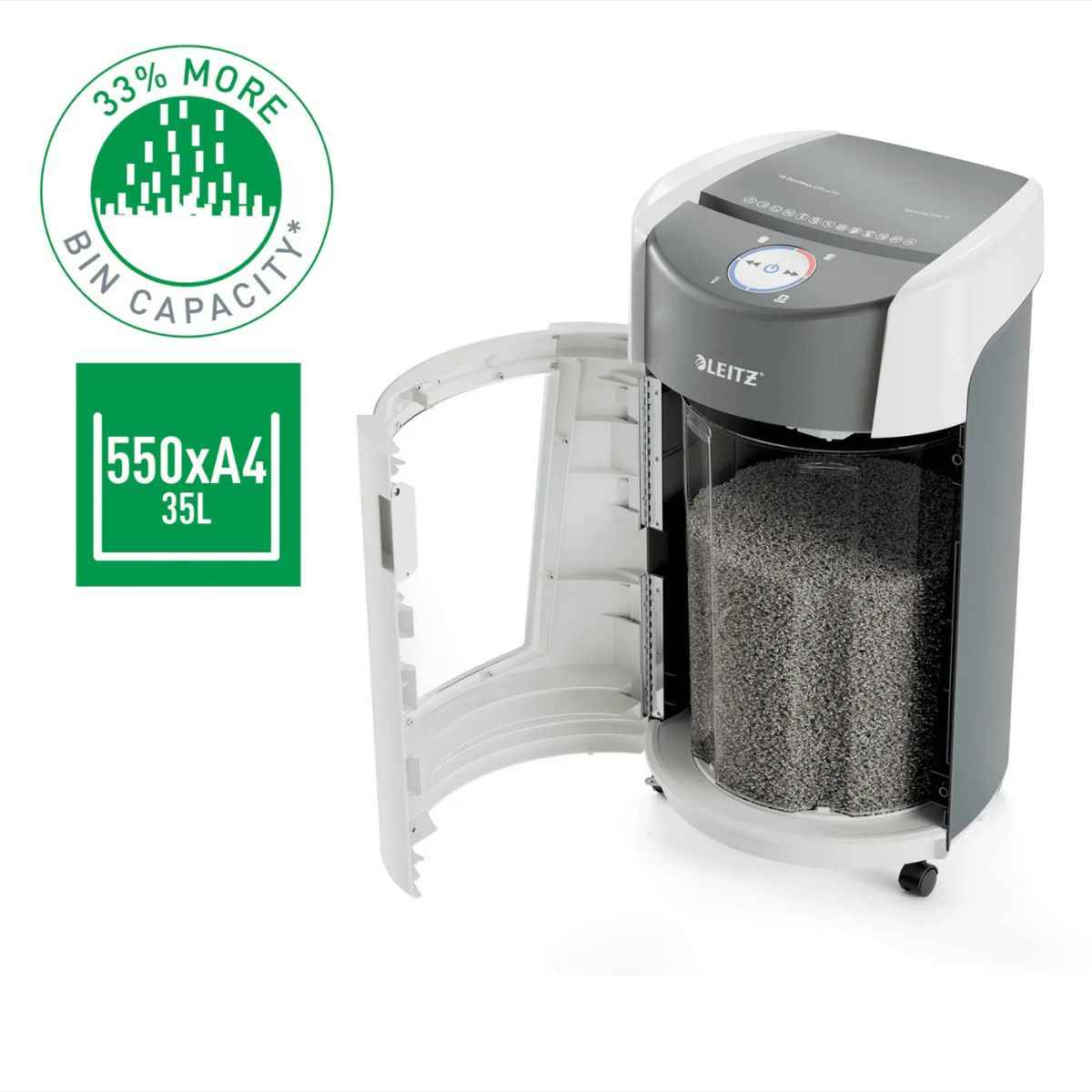 Leitz IQ OptiMax Office Micro Cut Paper Shredder P5 – 10 Sheets, 35L Bin, Continuous Run | White