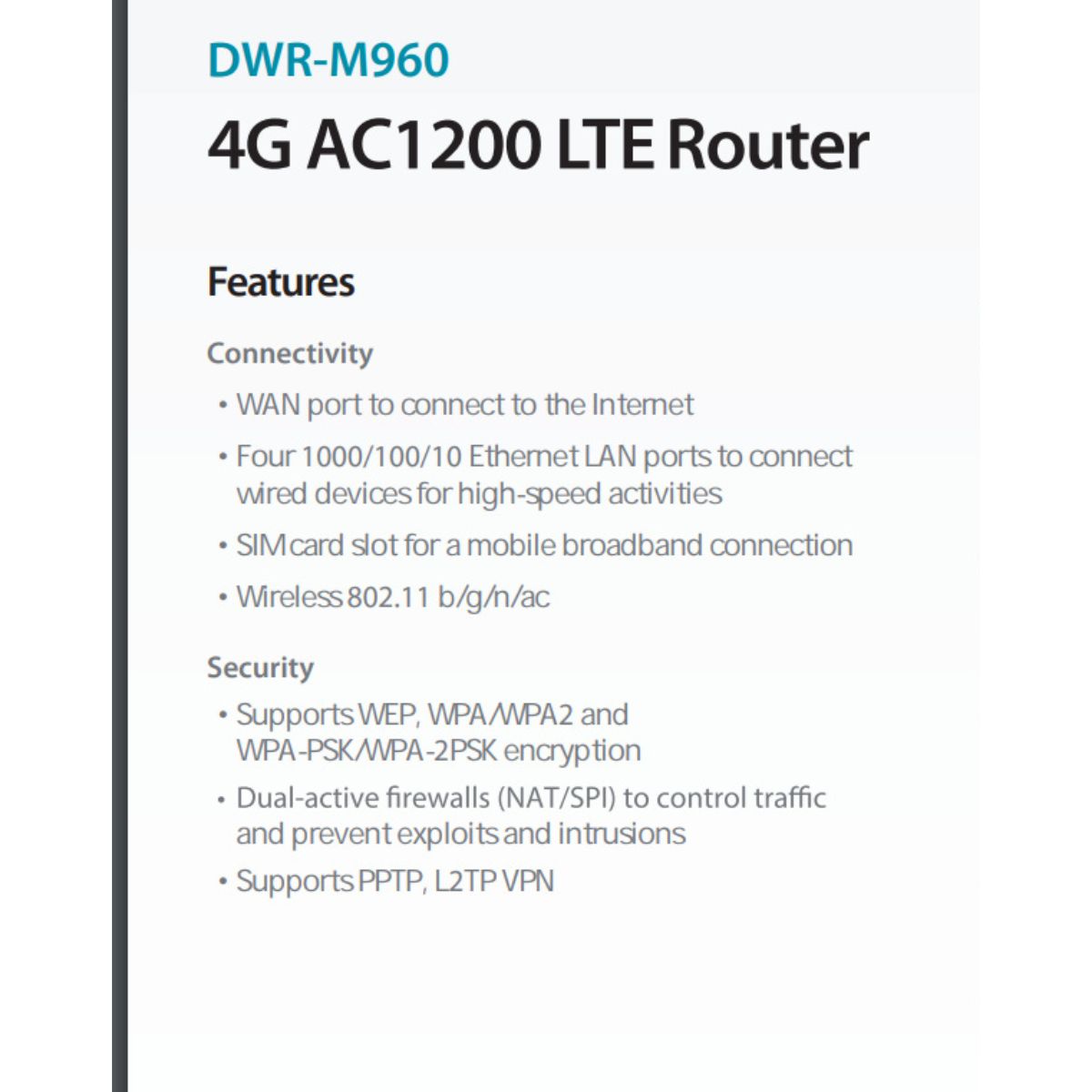 D-LINK 4G AC1200 LTE Router, 1GHz Frequency, LTE Antenna, Speeds up to 150, 2T2R 2.4GHz 802.11b/g/n 300Mbps, 2T2R 5.8GHz 802.11AC, 867Mbps, Black | DWR-M960