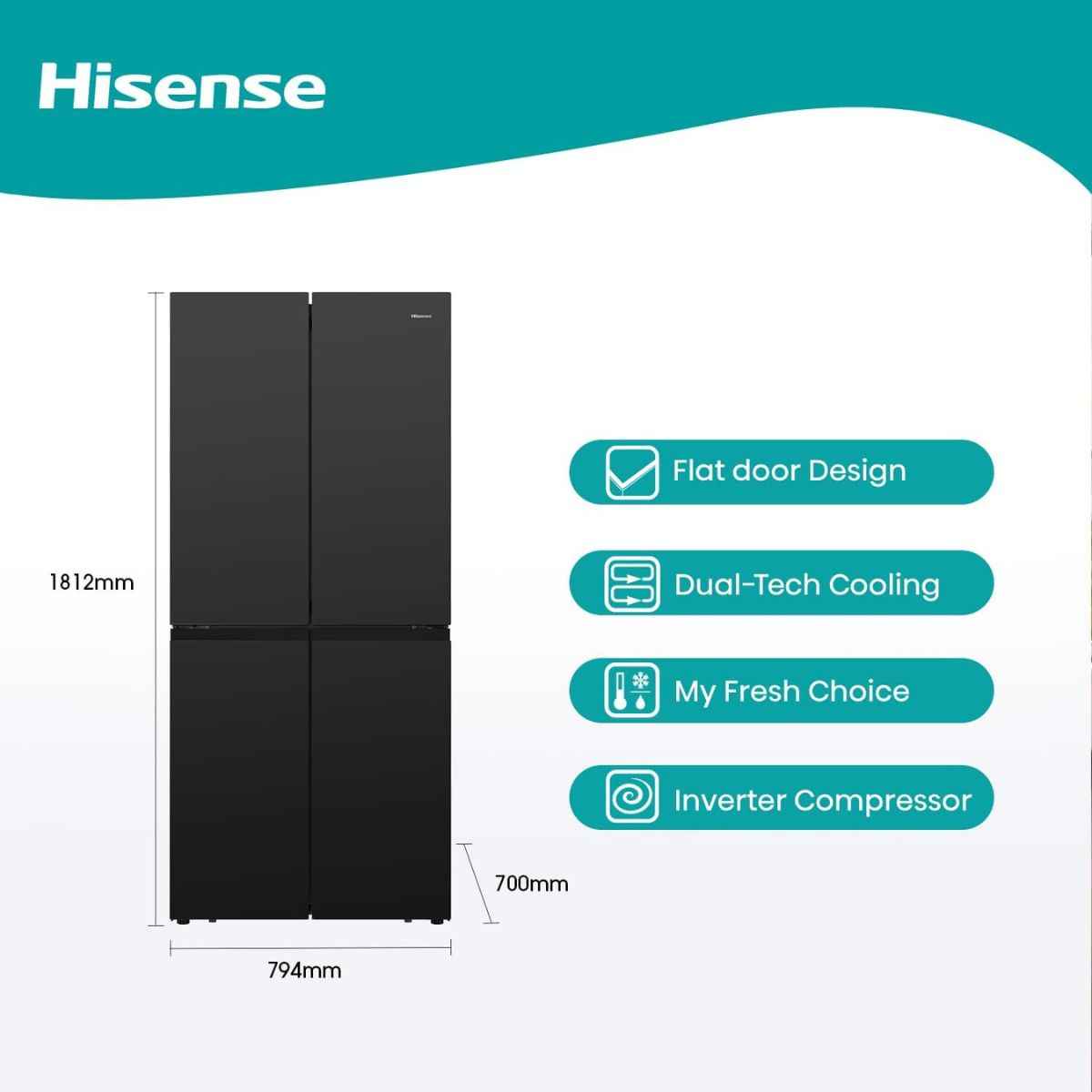 Hisense 561L Side-by-Side Cross Door Refrigerator, RQ561N4AB1 - Black - Dual-Tech Cooling, WIFI-Mode, Inverter Compressor, Multi Air Flow