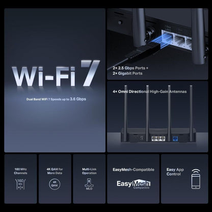 MERCUSYS MR27BE BE3600 Wi-Fi 7 Dual-Band Router | Fibre Broadband Supported | 2× 2.5 Gbps WAN/LAN Ports | 2× Gigabit LAN Ports | EasyMesh