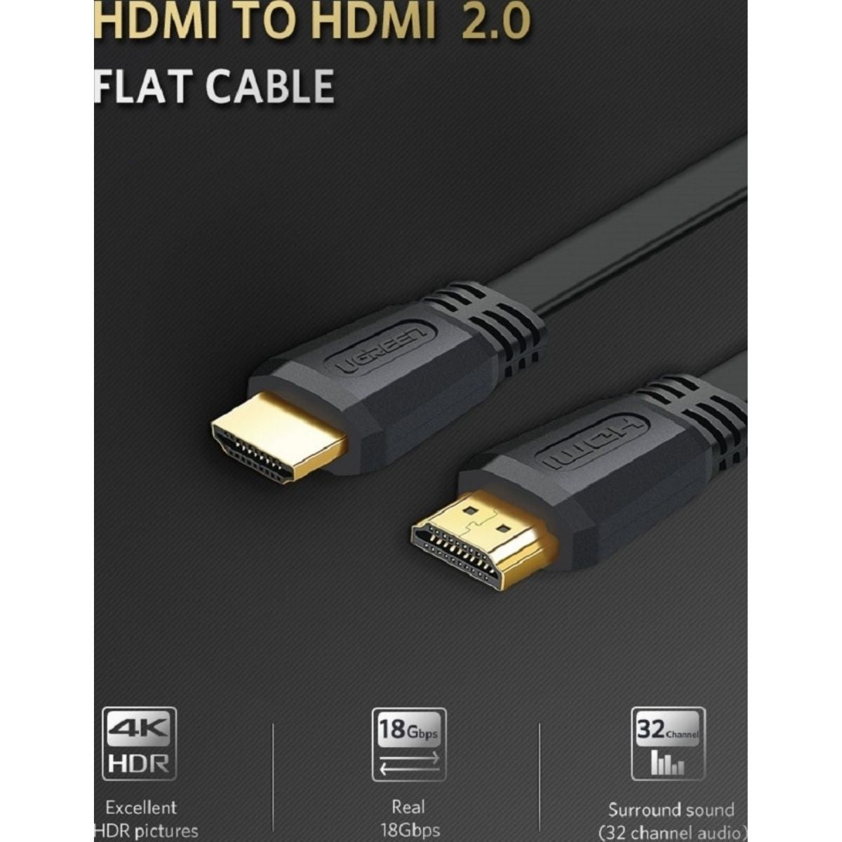 UGREEN 50821 HDMI 2.0 Flat Cable | 5 Meter | 4K @ 30Hz | High-Speed HDMI | Black