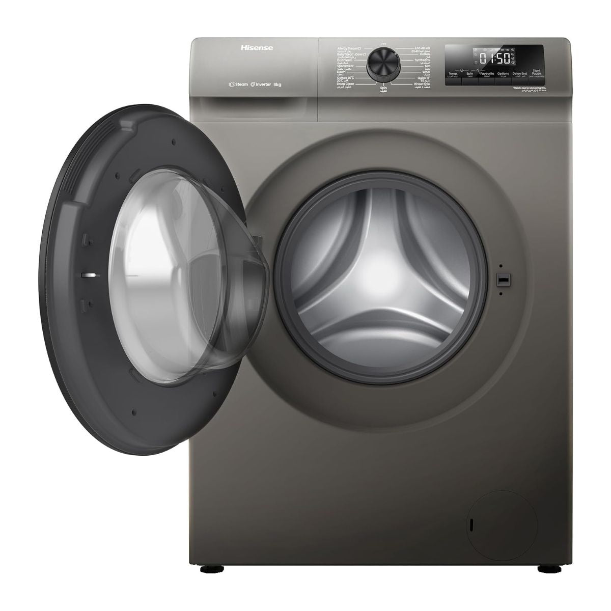 Hisense WFQP8012JTS Front Load Washing Machine, 8kg Capacity, Inverter Motor, 15 Wash Programs, 1200 RPM Spin Speed, Steam Care, White