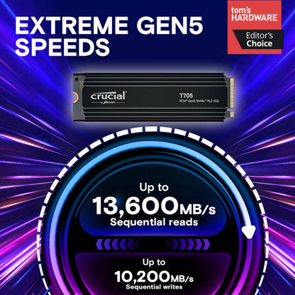 Crucial T705 NVMe SSD with Heatsink | Up to 4TB Capacity | PCIe Gen5 x4 | M.2 2280 | Up to 14,100 MB/s Read &amp; 12,600 MB/s Write | 2400 TBW | Black