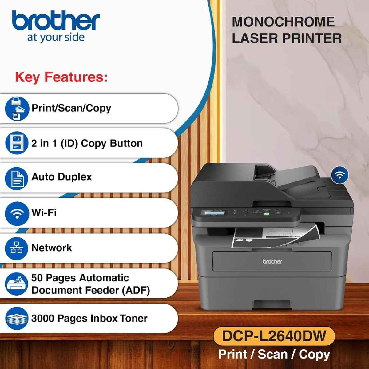 Brother DCP-L2640DW Compact Mono Laser Multi-Function Printer, Print, Scan, Copy, Up to 34/36 ppm (A4/LTR) Print Speed, 1200 x 1200 dpi Resolution, 2 Lines LCD Display, Black | DCP-L2640DW