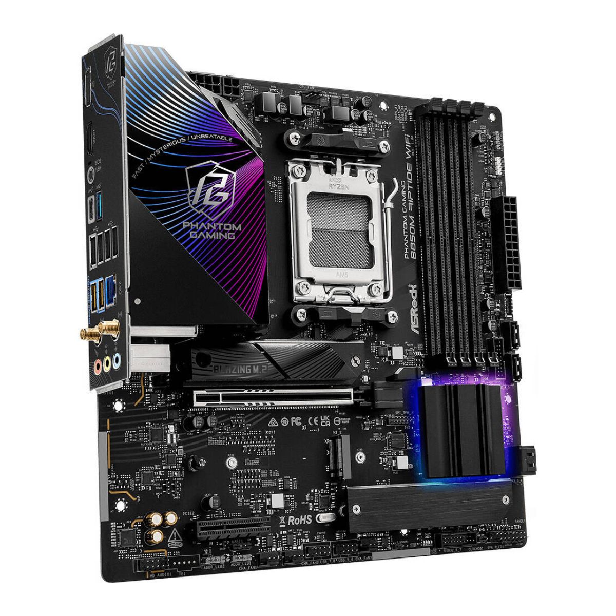 ASRock B850M Riptide WiFi AM5 ATX Motherboard, AMD B850 Chipset, 4x DDR5 DIMM Slots, 256GB Max Memory, 1x PCIe 5.0 x16 Slot, 3x M.2 Slots, Black | 90-MXBS30-A0UAYZ