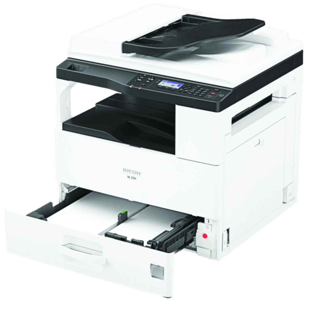Ricoh M 2701 A3 Black & White Multi-Function Laser Printer, Copy, Print, Scan, 4-Line LCD Operation Panel, Prints Up to 27 ppm Speed, 600 x 600 dpi Resolution, 600 Standard Input Sheet, White | M 2701