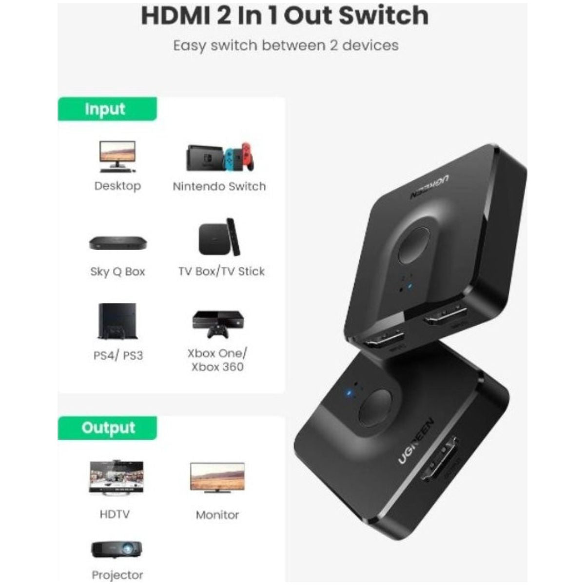 UGREEN CM217 2-in-1 HDMI Switch | Bi-Directional HDMI Splitter | 4K HDR 3D | HDCP Compatible | 50966