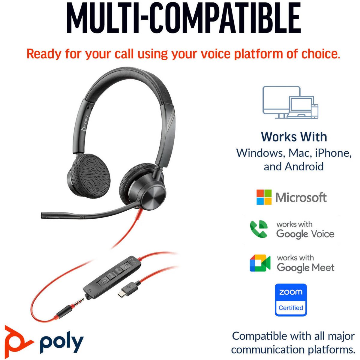 Poly Blackwire 3325 Stereo USB-C Headset, USB-C & 3.5mm Connectivity, USB-C to USB-A Adapter, Noise-Canceling Microphone, Stereo Audio, Black | 8X221AA