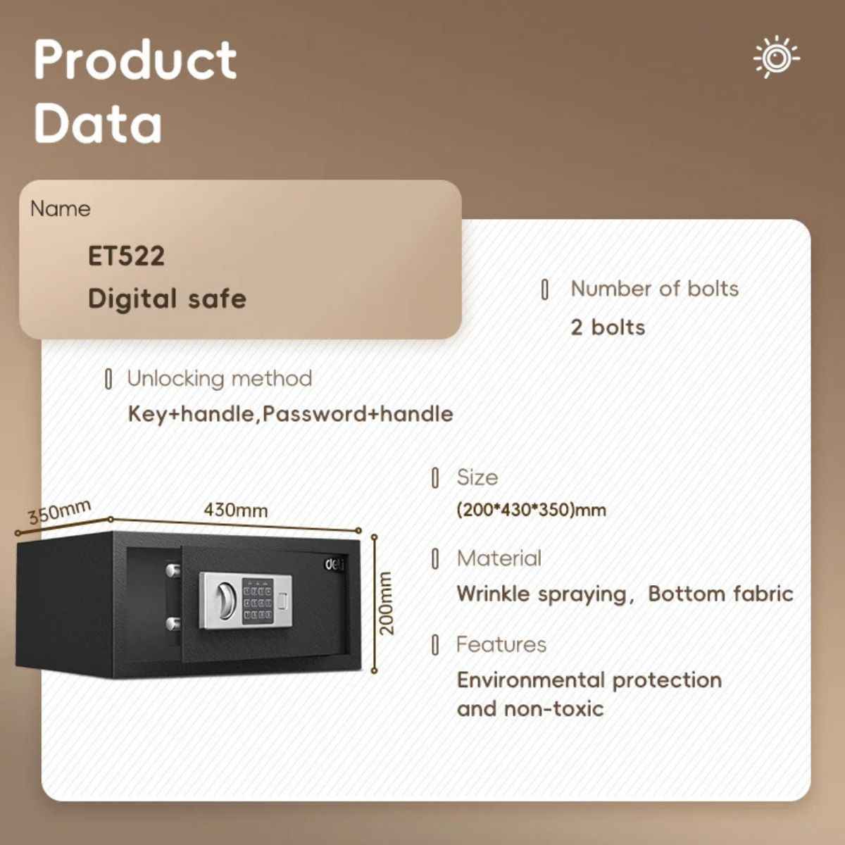 Deli T522 Fireproof Safe, Digital Safe Box with Key T522 Full Metal Body 4.1kg (20×43×35cm) Black