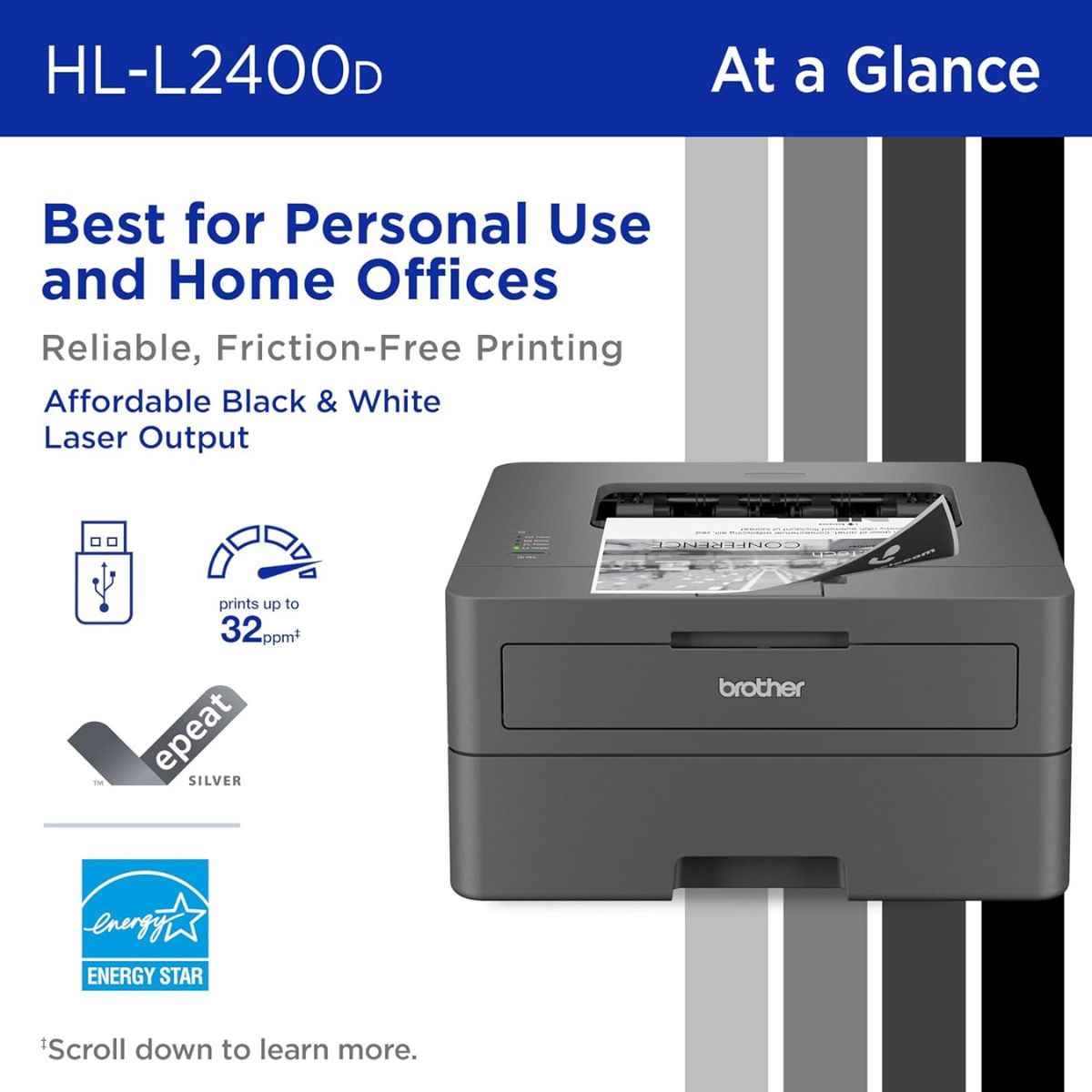 Brother HL-L2400D Compact Mono Laser Printer, Automatic Duplex Printing, Up to 30/32 ppm, USB Connectivity, Black | HL-L2400D